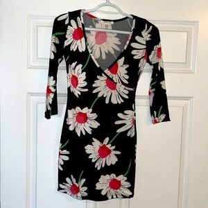 Black Floral Bodycon Wrap Mini Cleavage Dress NEW